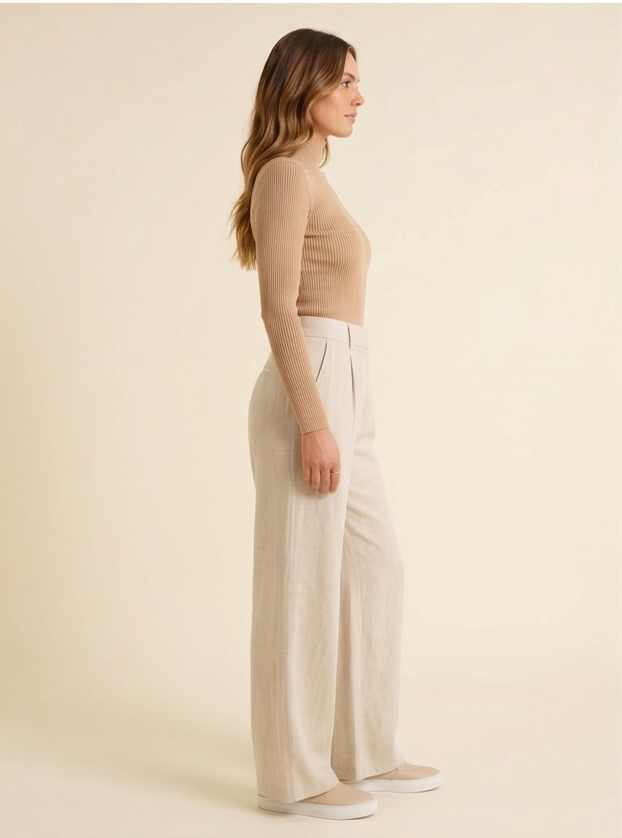 Wide-Leg Beige Linen Trousers