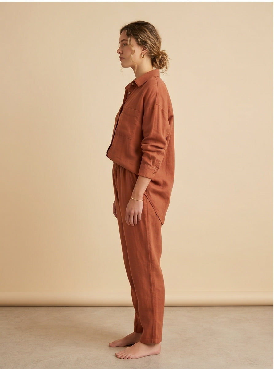 Oversized Linen Shirt Terracotta Earth Tone, Relaxed Natural Style Top