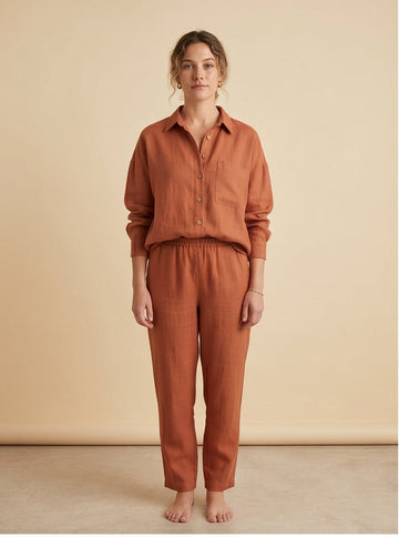 Oversized Linen Shirt Terracotta Earth Tone, Relaxed Natural Style Top