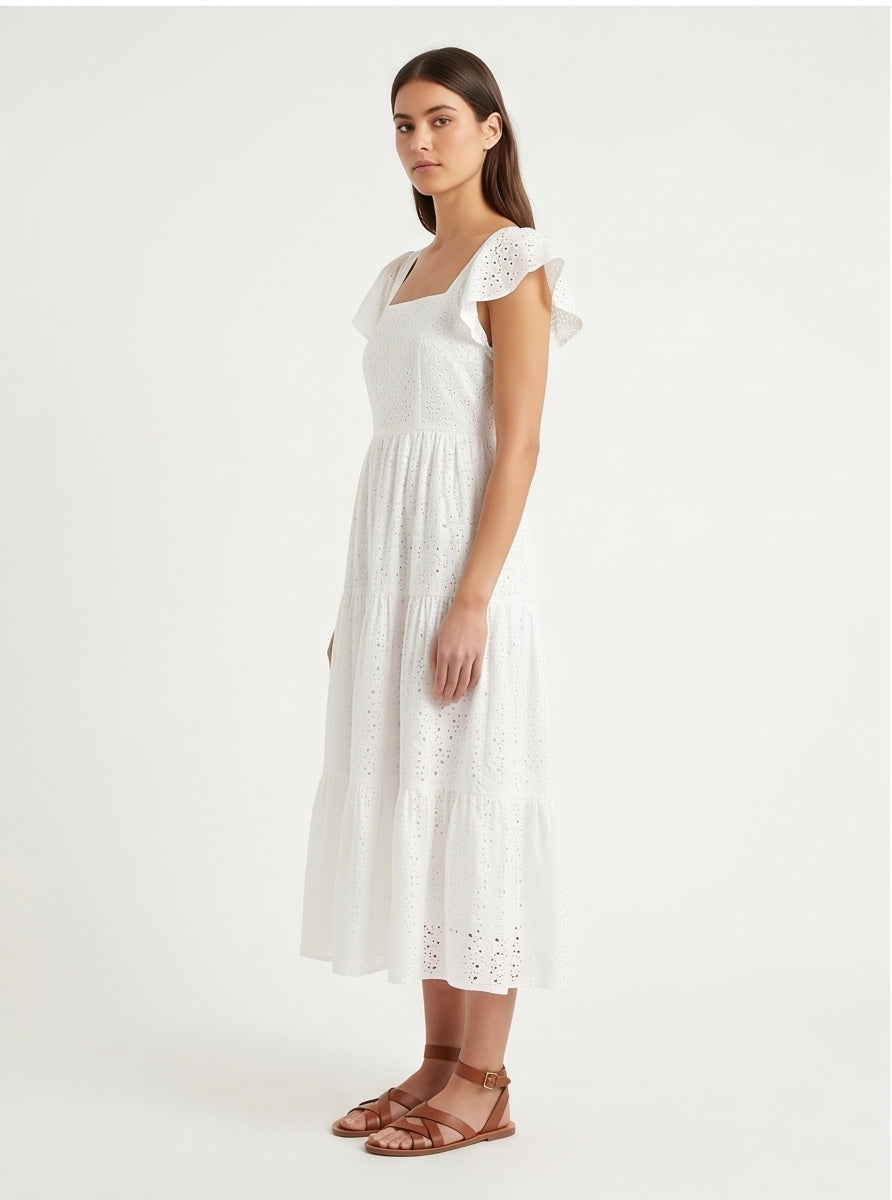 White Broderie Anglaise Tiered Midi Dress