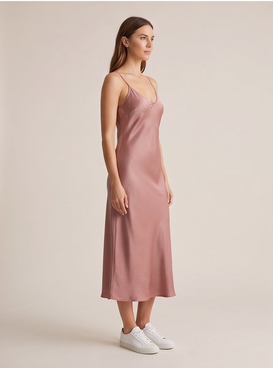Dusty Rose Silky Slip Midi Dress