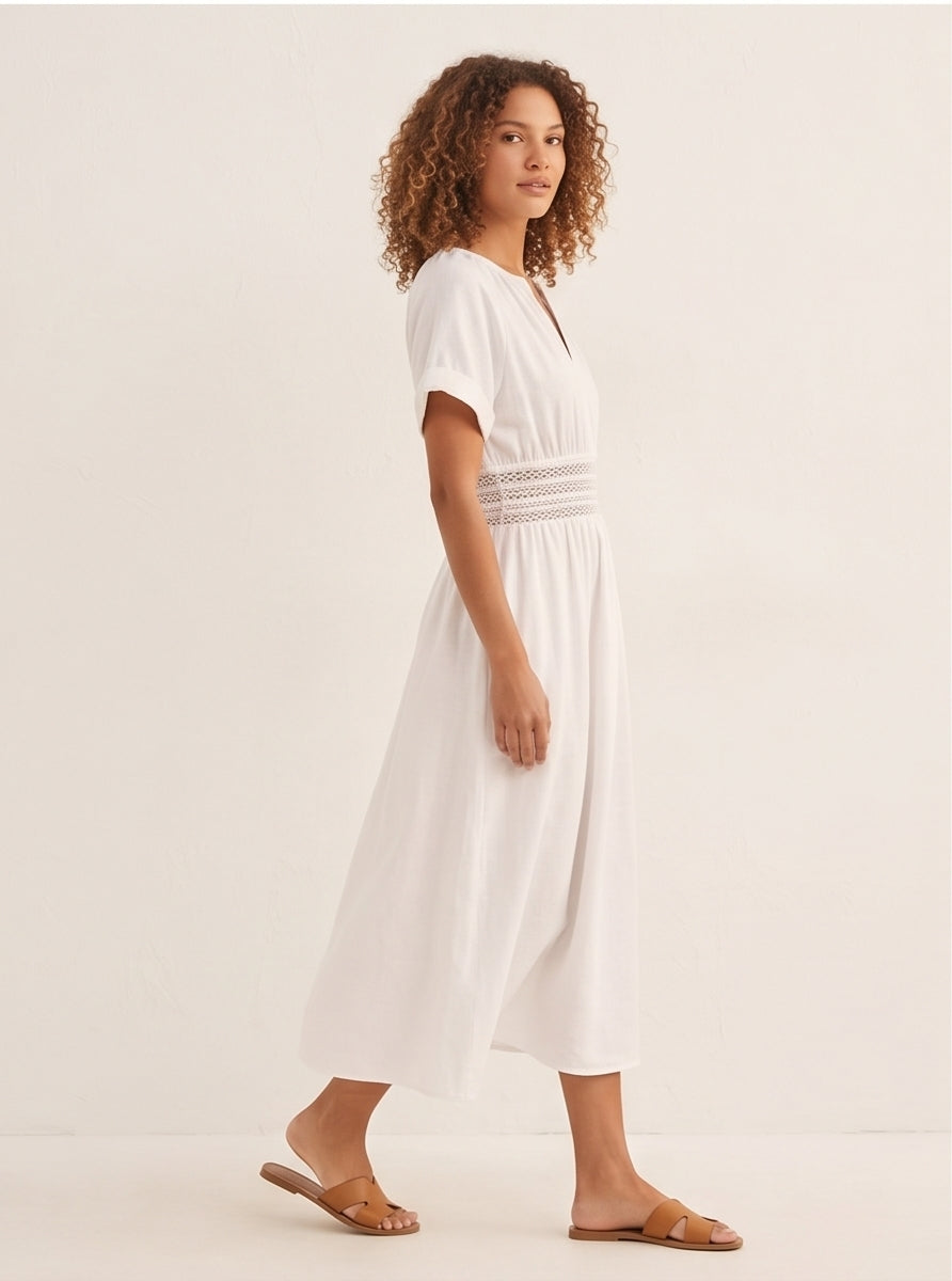 White Linen Smocked Midi Dress