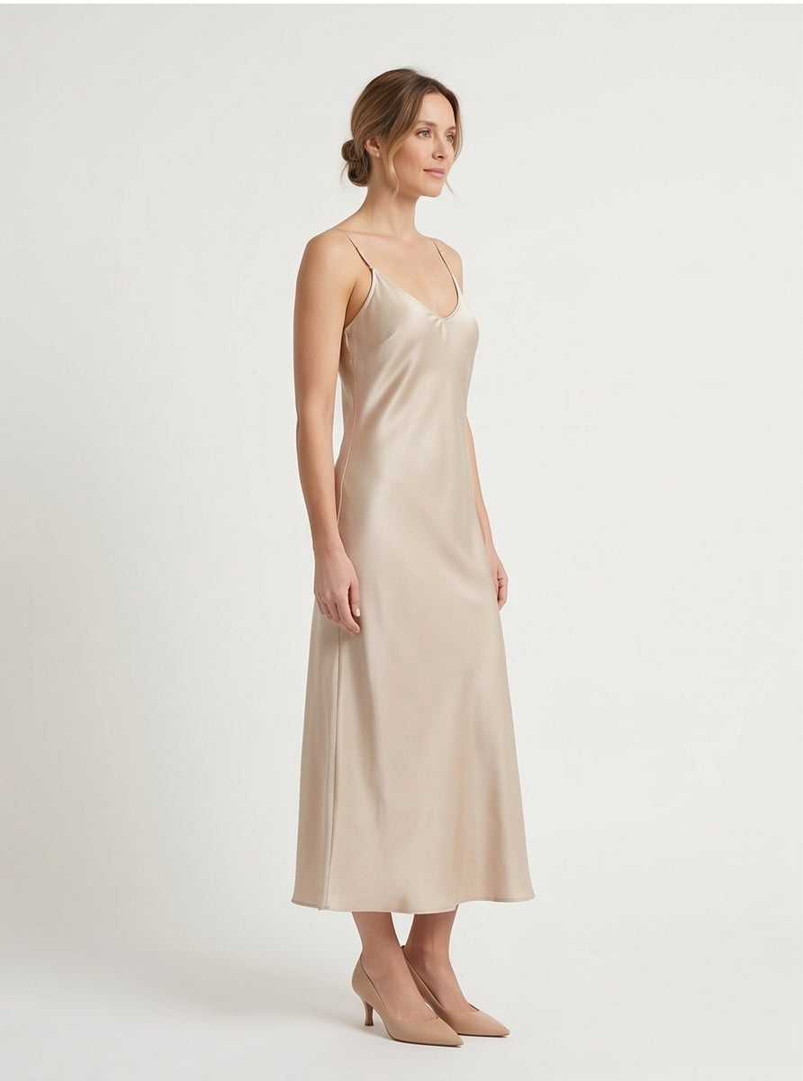Champagne Silk Slip Midi Dress
