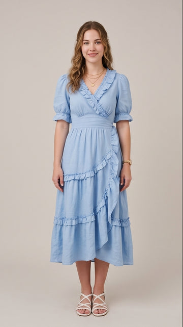 Powder Blue Ruffled Midi Dress