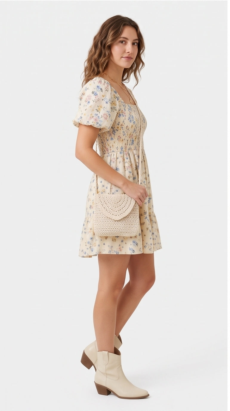Floral Puff-Sleeve Prairie Mini Dress