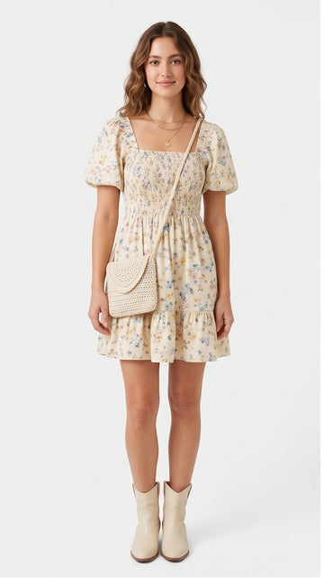 Floral Puff-Sleeve Prairie Mini Dress