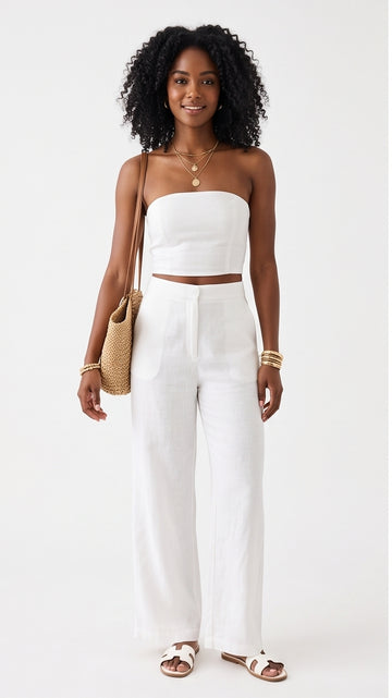 All-White Linen Bandeau & Wide-Leg Pants Set