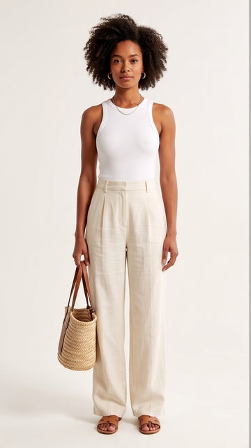 Cream Wide-Leg Linen Trousers