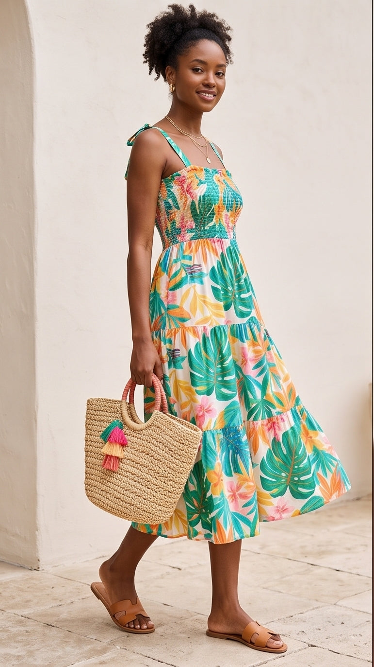 Tropical Leaf Print Tiered Sundress