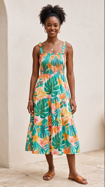 Tropical Leaf Print Tiered Sundress