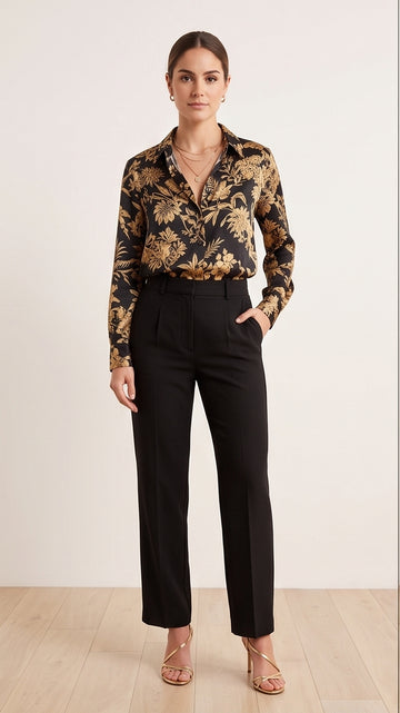 Black & Gold Silky Tropical Print Blouse