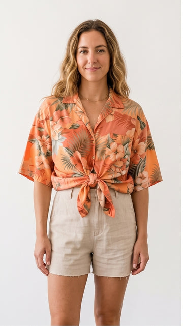 Sunset Coral Oversized Hawaiian Shirt for Women