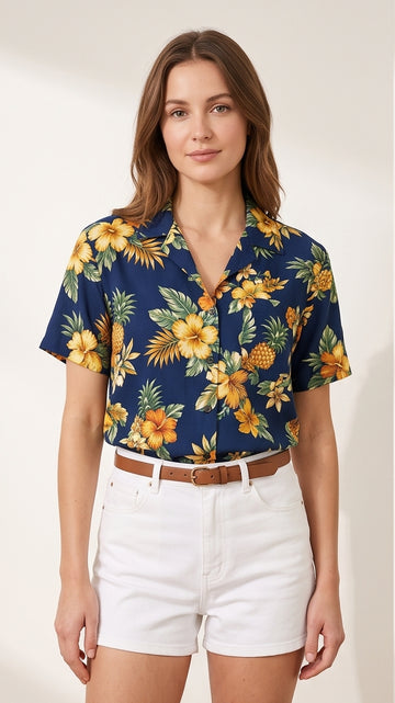 Navy & Yellow Tropical Print Button-Down Shirt