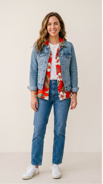 Red & White Bold Print Layering Hawaiian Shirt