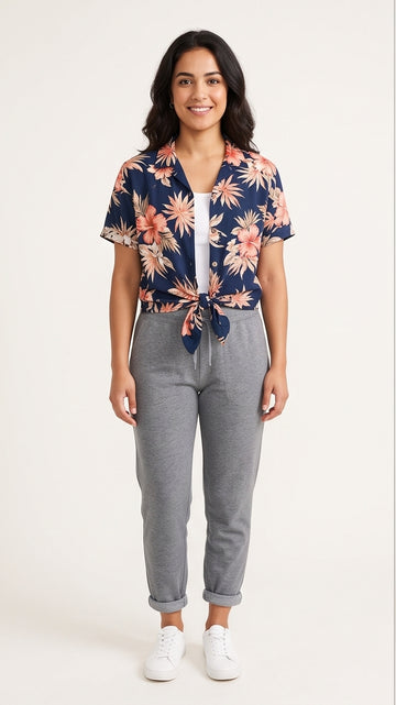 Navy & Coral Tropical Print Tie-Front Shirt