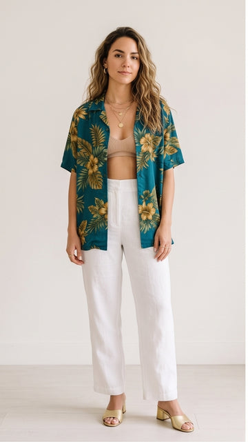 Teal & Gold Tropical Print Cabana Shirt