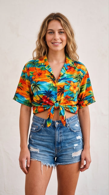 Bright Multicolor Cropped Festival Hawaiian Shirt