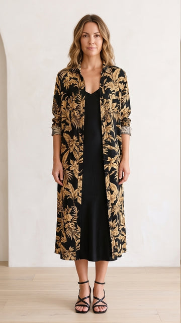 Black & Gold Longline Tropical Duster Shirt