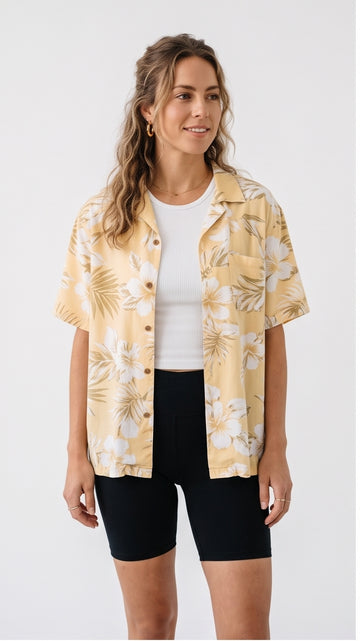 Soft Yellow & White Tropical Print Layering Shirt