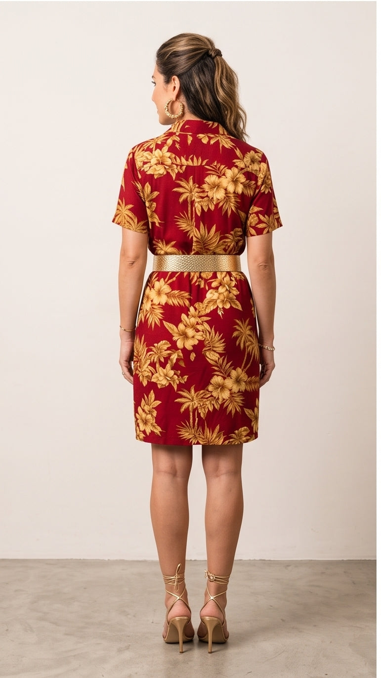 Deep Red & Gold Fitted Hawaiian Shirt Dress