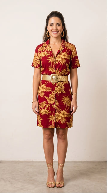 Deep Red & Gold Fitted Hawaiian Shirt Dress