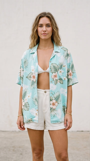 Turquoise Palm Print Lightweight Beach Shirt