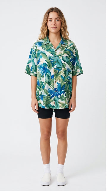 Green & Blue Oversized Surf-Style Hawaiian Shirt