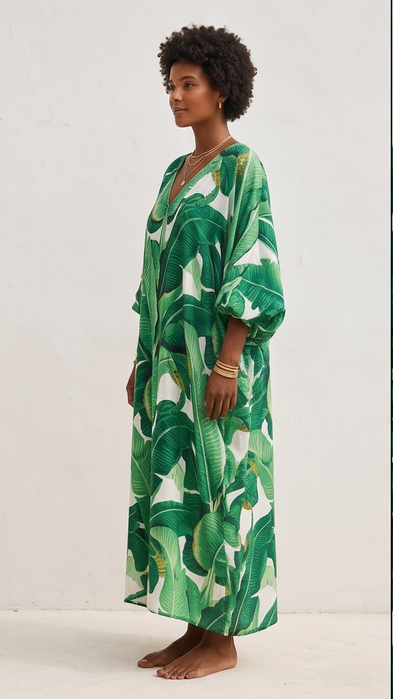Banana Leaf Print Caftan Dress