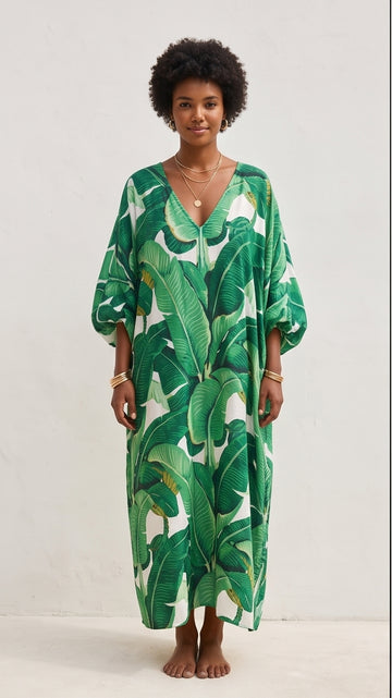 Banana Leaf Print Caftan Dress