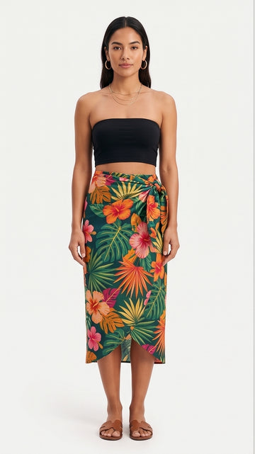 Floral Wrap Skirt & Bandeau Top Set – Tropical Two-Piece