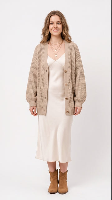 Beige Oversized Knit Cardigan