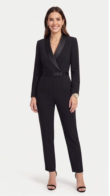 Black Satin-Lapel Tuxedo Bridal Jumpsuit