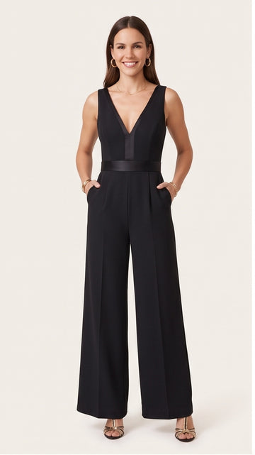 Black V-Neck Satin-Waist Bridal Jumpsuit