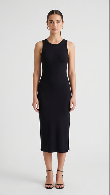Fitted Black Slit Midi Dress