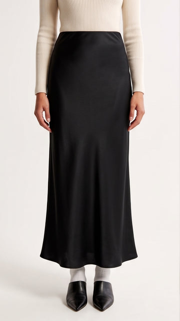 Black Satin Elasticated Waist Maxi Skirt Floor Length