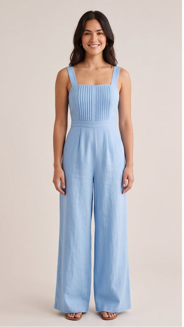 Sky Blue Linen Wide-Leg Romper