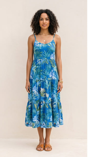 Blue Tropical Print Tiered Sundress