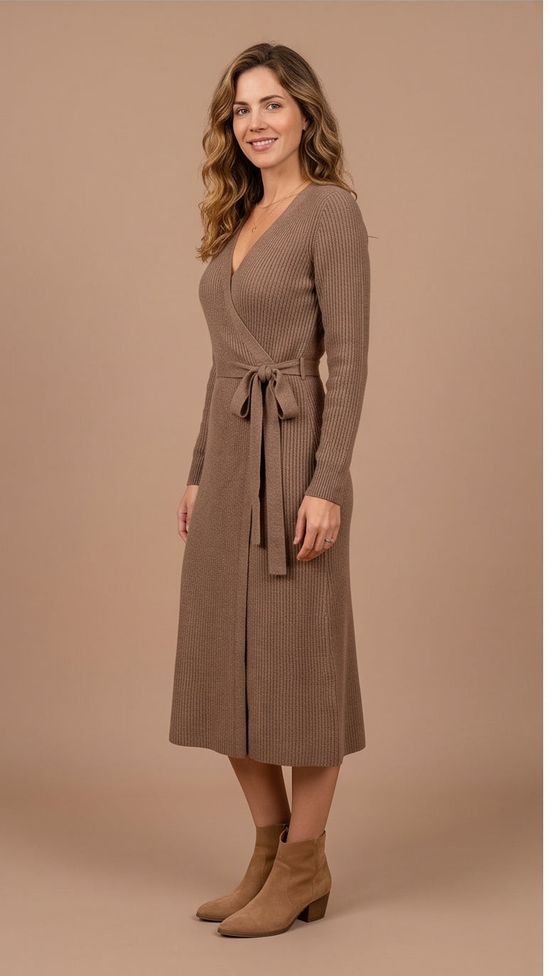 Mocha Brown Long Sleeve Knit Wrap Midi Dress