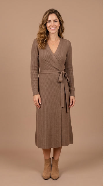 Mocha Brown Long Sleeve Knit Wrap Midi Dress