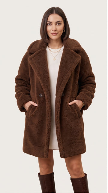 Chocolate Brown Oversized Teddy Bear Faux-Shearling Coat