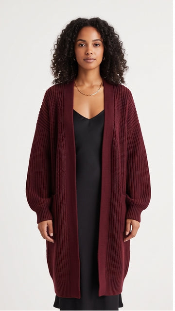 Burgundy Longline Oversized Ribbed Knit Cardigan