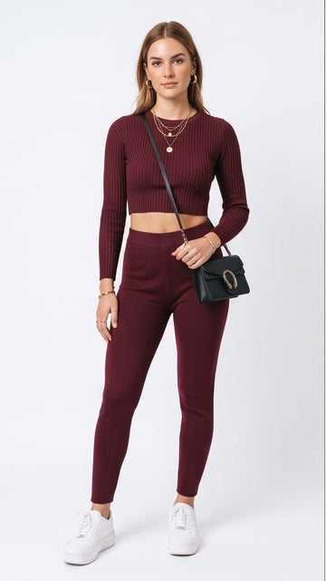 Burgundy Monochrome Crop Top & Pants Set