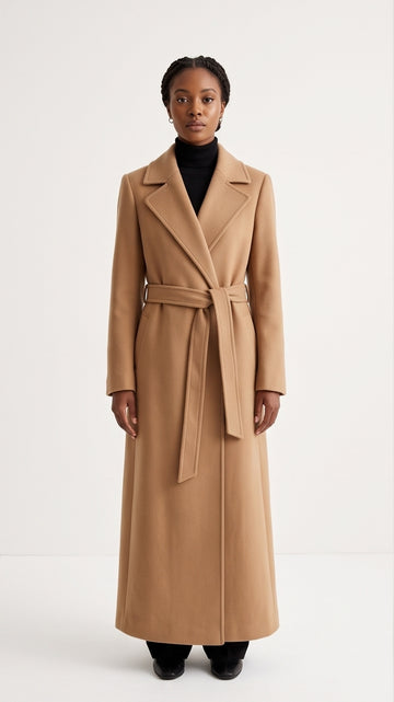 Long Camel Wrap Belted Coat Sweep Silhouette