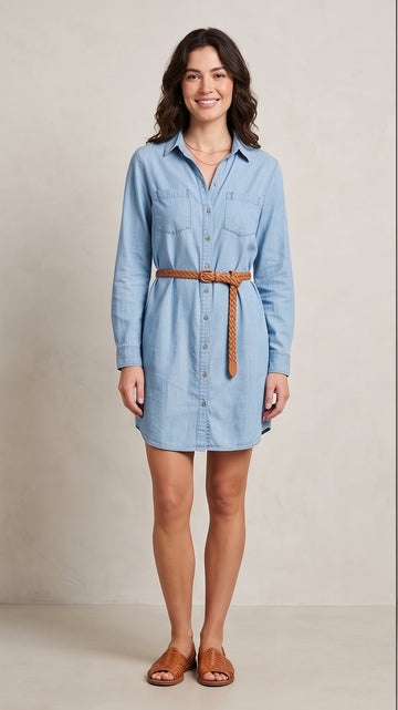 Chambray Blue Button-Up Shirt Dress for Cruise Port Days
