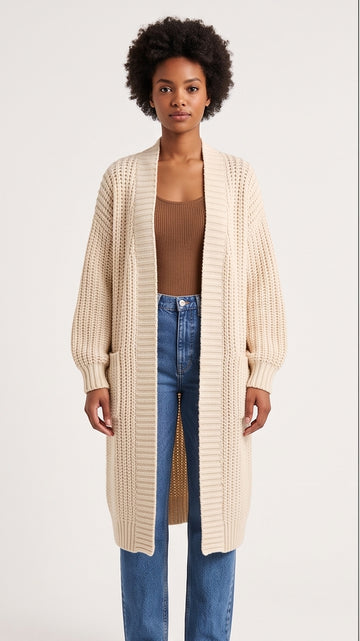 Cream Oversized Chunky Knit Longline Open Cardigan