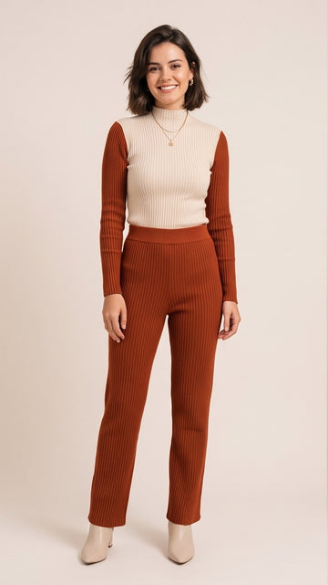 Rust Cream Color-Block Ribbed Knit Matching Set
