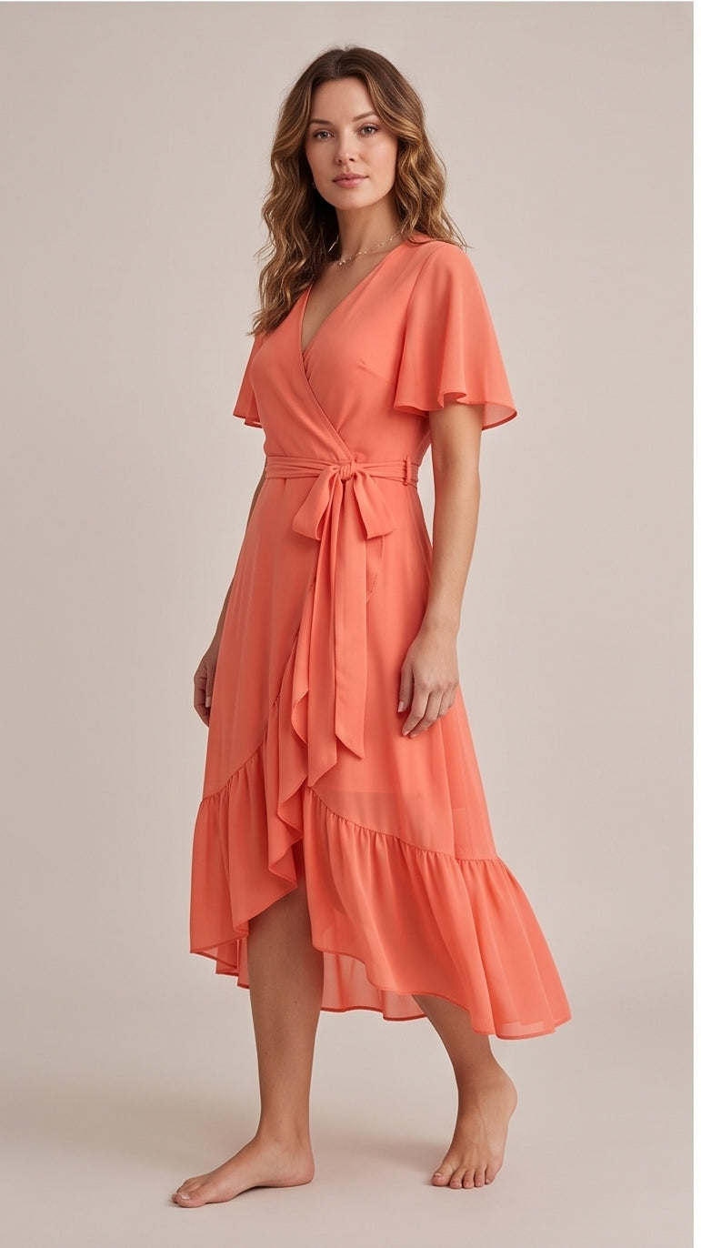 Coral Wrap Dress – Flowy Tropical Sunset Dress