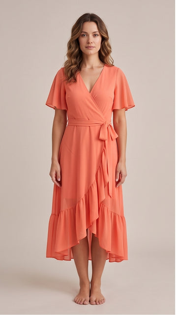 Coral Wrap Dress – Flowy Tropical Sunset Dress
