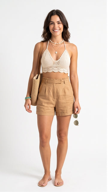 Crochet Halter Bralette & Linen Shorts Set