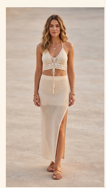Cream Crochet Halter Top & Maxi Skirt Set
